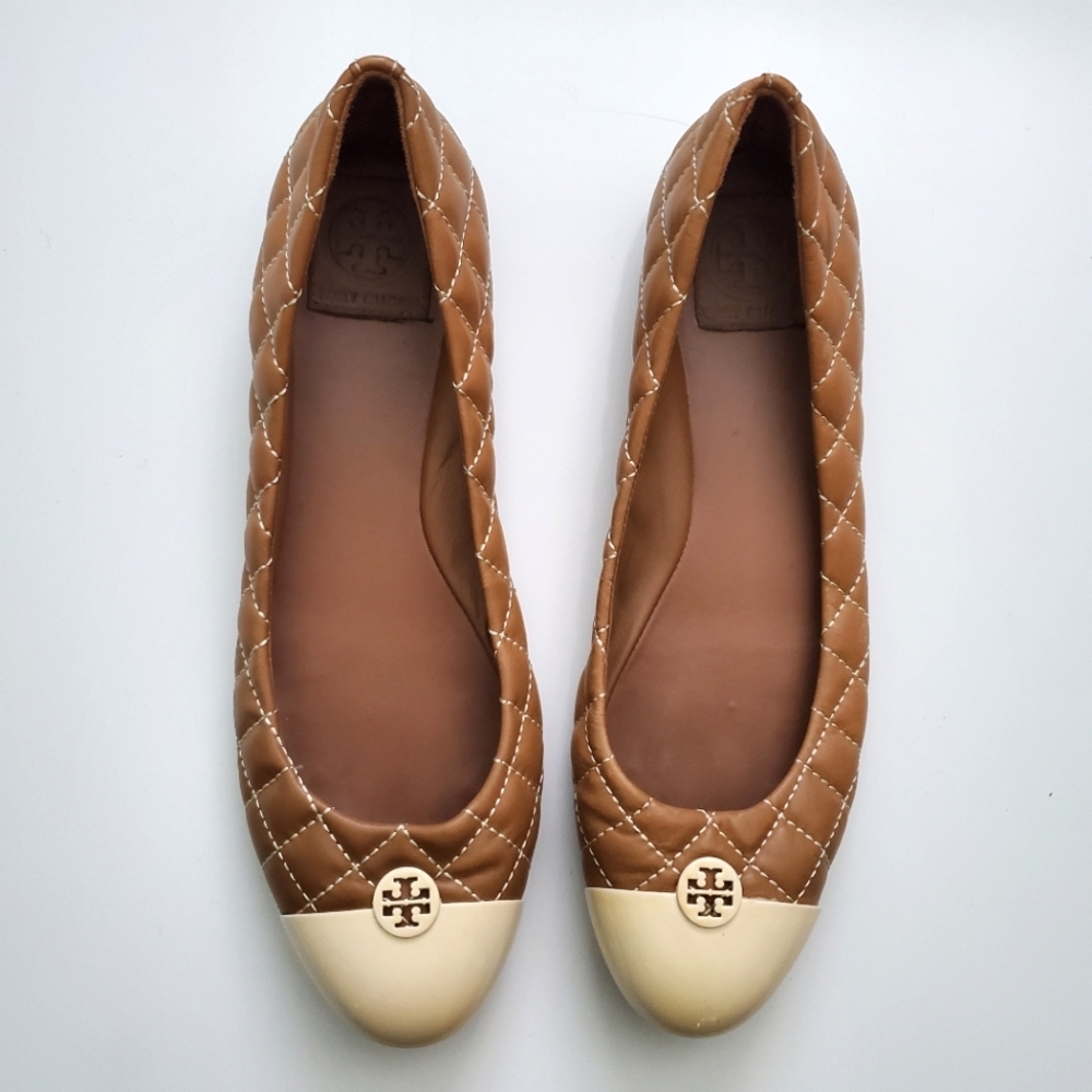 Tory Burch Tan Quilted Leather Ballet Flats with Cream Cap Toe